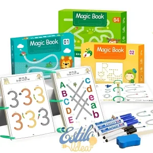 Das Bild zeigt einen Satz Zauberbücher für Kinder mit bunten Einbänden und der Aufschrift „Magic Book 01“, „Magic Book 02“, „Magic Book 03“ und „Magic Book 04“. Davor befinden sich Arbeitsblätter mit Zahlen und Buchstaben, Markierstifte, Radiergummis und eine kleine Schachtel mit der Aufschrift „Estilo Idea“.