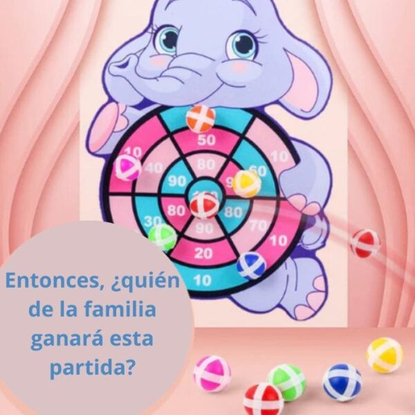 Un juego de dardos seguro para niños con un tierno diseño de elefante, acompañado por dardos de colores con puntas de ventosa.