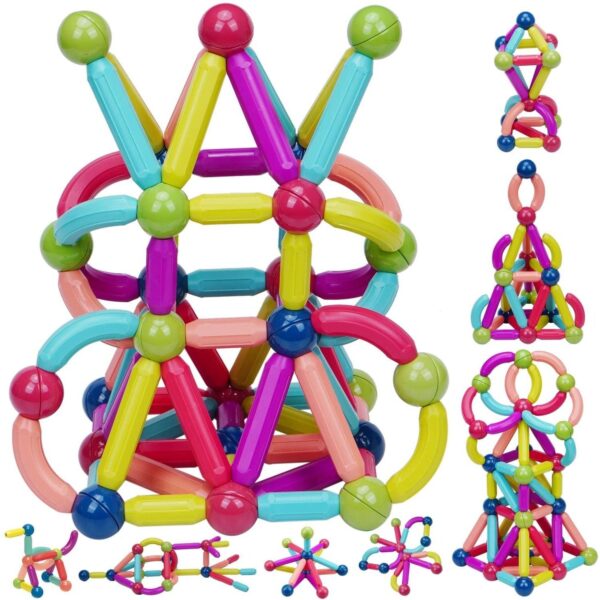 Los coloridos bloques de construcción magnéticos están dispuestos para formar varias estructuras. La estructura principal tiene una gran forma de corona y en el lado derecho se muestran varios diseños intrincados más pequeños. Cada pieza está conectada mediante imanes tubulares de diferentes colores y formas.