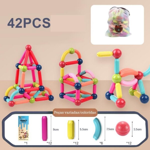 Un colorido juego de construcción magnético de 42 piezas, que presenta formas geométricas como una pirámide, una casa y figuras abstractas. Incluye varias longitudes y tipos de varillas y bolas magnéticas. Una ilustración en la parte inferior muestra las dimensiones detalladas de algunas piezas.