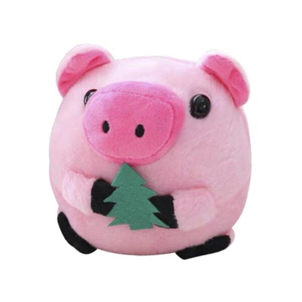 Un lindo peluche de un cerdo rosa sosteniendo un pequeño árbol verde.