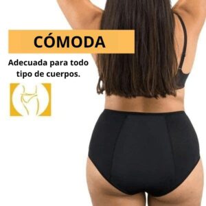 Imagen de una mujer de espaldas usando una prenda de ropa interior negra, con el texto "cómoda - adecuada para todo tipo de cuerpos" acompañado de un icono estilizado de prenda interior.