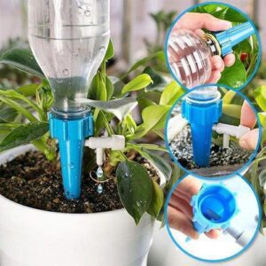 A plant watering device showcasing multiple views. The main image shows a plastic bottle attached to a blue spike inserted into soil, watering a plant. Inset images illustrate assembling the device, adjusting water flow, and the device from a top view.