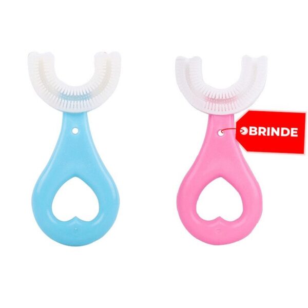 Dos cepillos de dientes de silicona en forma de U diseñados para bebés o niños pequeños, uno en azul y otro en rosa, con mangos ergonómicos y cerdas suaves para una limpieza suave.