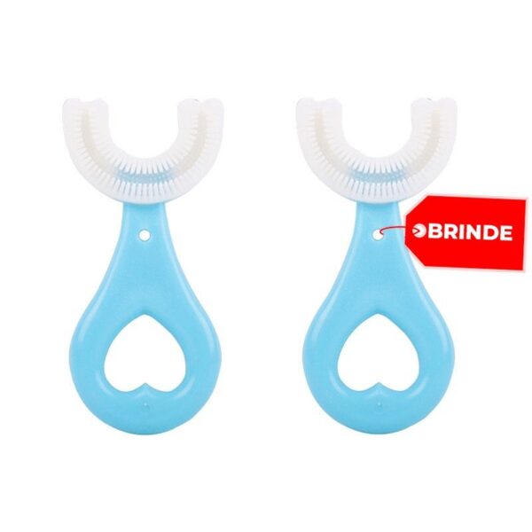 Un par de hilo dental azul en forma de U con cerdas transparentes, diseñados para la higiene dental, exhibidos uno al lado del otro con una etiqueta roja que indica un regalo promocional o un artículo extra.