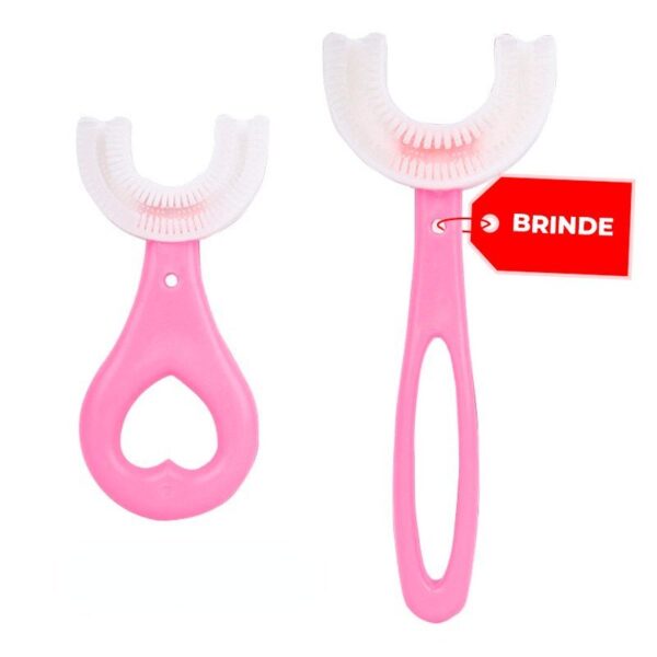 Un soporte para hilo dental de plástico rosa con hilo blanco, mostrado desde dos ángulos diferentes para mostrar su diseño, con un letrero "brinde" que indica un regalo u oferta promocional.