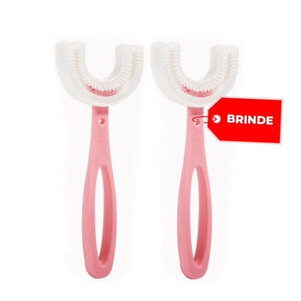 Dos cepillos de limpieza dental tipo pinza de color rosa con cerdas suaves, posiblemente para mascotas, con una etiqueta roja que indica un regalo promocional o un artículo extra (brinde en portugués).