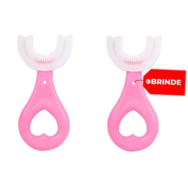 Dos soportes para hilo dental de color rosa, uno al lado del otro, con una etiqueta con la etiqueta "brinde" que indica un regalo promocional o un artículo de obsequio.