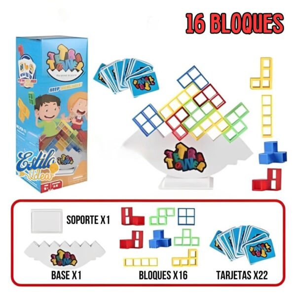 Colorido juego de apilamiento con 16 bloques, un soporte, una base y 22 cartas, diseñado para un juego divertido y educativo.