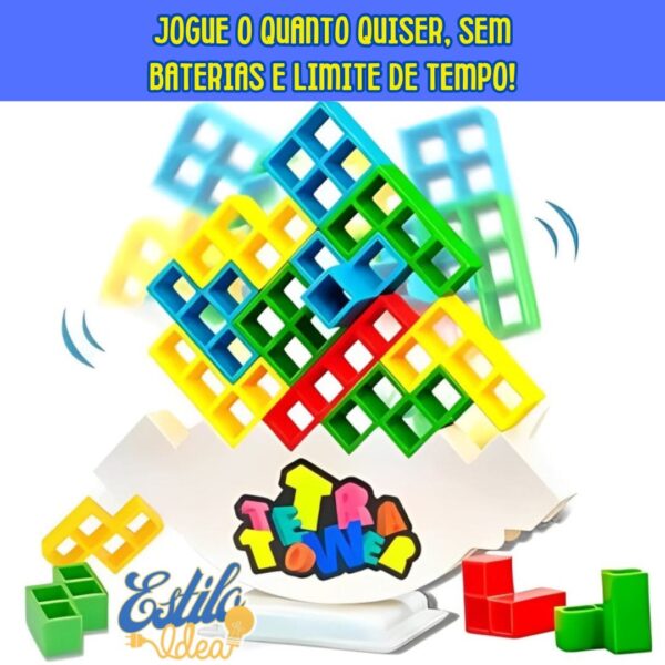 Coloridos bloques de tetris cayendo en cascada desde la pantalla de una computadora portátil con el texto "jogue o quanto quiser, sem baterias e limite de tempo!" lo que indica un juego sin fin sin limitaciones de batería o tiempo.