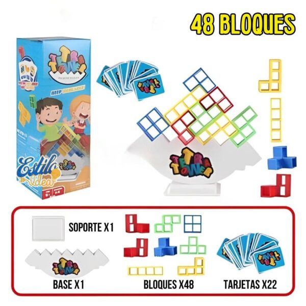 Juego de construcción y equilibrio "tall stack" con 48 bloques coloridos, tarjetas de desafío y soporte, promoviendo diversión educativa y habilidades motoras finas.