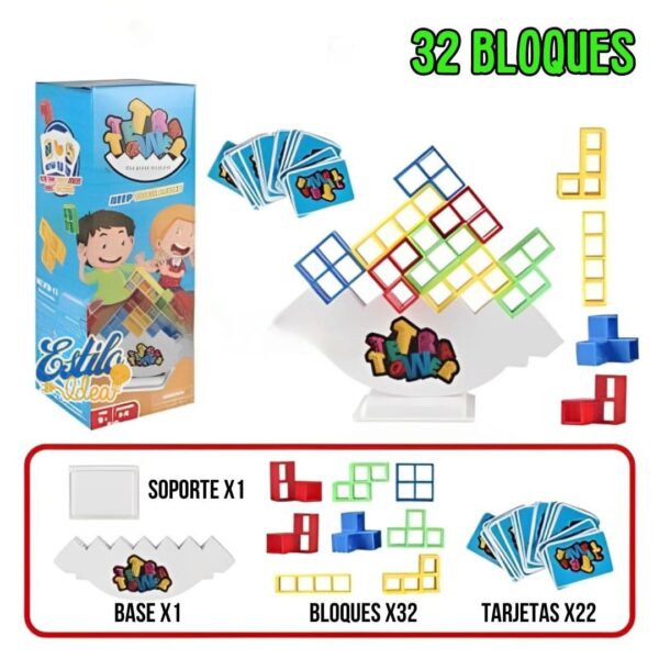 Diversión colorida para apilar: 32 bloques, 1 base, 1 soporte y 22 cartas incluidos en este atractivo juego de equilibrio para niños, como se muestra en el empaque del producto y en el diseño del contenido.