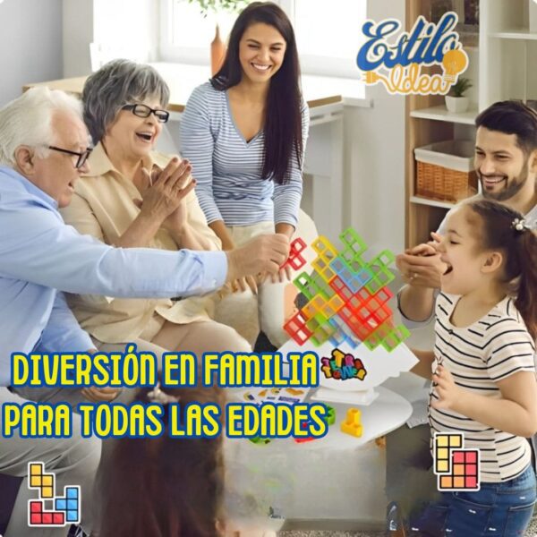 Una familia multigeneracional que disfruta de un momento lúdico junto con un colorido juego de rompecabezas, destacando que la diversión no tiene edad y une a todos.