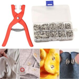 Collage showing a red snap fastener tool, a clear box with assorted metal snap fasteners, and close-up images of snap fasteners being used on various fabrics like shirts and denim.