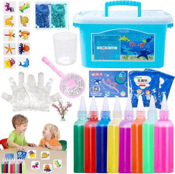 Un colorido kit para hacer limo para niños que incluye varias botellas de limo, accesorios y dos niños felices jugando con el limo, todo contenido en un estuche de transporte azul.