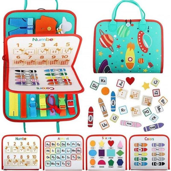 Una colorida mochila educativa para niños con varias secciones de aprendizaje de números, alfabetos, formas y colores, con elementos interactivos y gráficos con temática espacial.