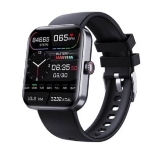 A sleek, black smartwatch with a rectangular face and a silicone band. The display shows various fitness metrics including steps, heart rate, distance, calories burned, time, date, and battery life. It also features a digital clock with a traditional clock interface.