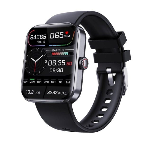 Uno smartwatch elegante e moderno con cinturino nero e display rettangolare. Lo schermo mostra varie metriche, inclusi passi (84665), frequenza cardiaca (65 BPM), ora (06:35), data (30/06), livello della batteria, distanza (10,2 km) e calorie bruciate (3232 kcal).