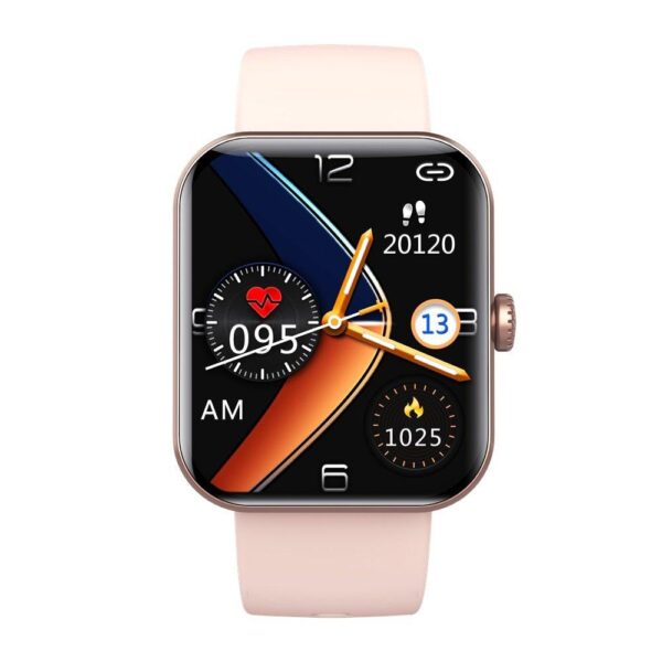 A rectangular smartwatch with a rose gold bezel and white band displays various metrics. The main screen shows the time, step count (20120), heart rate (95 bpm), date (13th), and calorie count (1025). The background has a colorful abstract design.