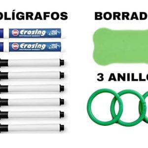 Imagen que muestra diferentes útiles escolares: arriba a la izquierda, 8 Bolígrafos etiquetados como "bolígrafos"; arriba a la derecha, un Borrador con la etiqueta "borrador"; abajo, 3 Anillos etiquetados "3 anillos".