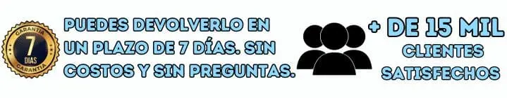 Banner que muestra una garantía de satisfacción global en español que dice "puedes devolverlo dentro de 7 días sin coste ni preguntas" junto a iconos que representan un sello de garantía, tres personas y un texto que indica "más de 15.000 clientes satisfechos".