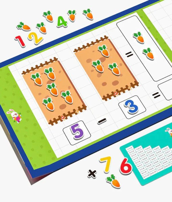 Un colorido juego educativo de matemáticas que incluye resta y multiplicación, diseñado para enseñar a los niños aritmética básica con el uso de ilustraciones vegetales y gráficos divertidos.