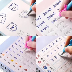 Four images showing a hand holding a pen with a pink eraser grip, practicing various writing and drawing exercises in a workbook. The exercises include drawing animal faces, solving simple addition equations, and writing numbers and letters.