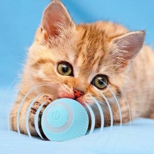 A small orange tabby kitten with green eyes is lying on a blue surface, playfully biting a round, light blue object with a power button symbol on it. Sound waves are illustrated around the object, suggesting it emits sound or vibration.