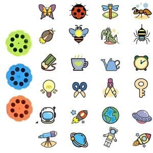 Una colorida colección de varios íconos de dibujos animados que incluyen insectos, bebidas, objetos relacionados con el espacio y artículos cotidianos como llaves y relojes, además de Table Kids dispuestos en una cuadrícula sobre un fondo blanco.