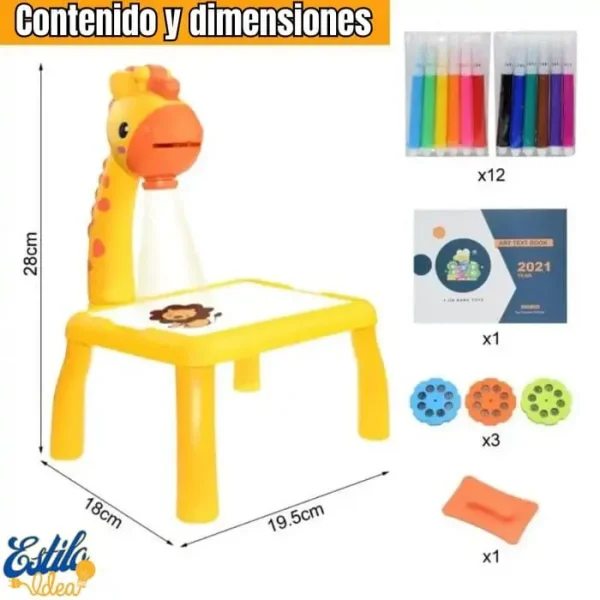 Bild eines Zeichenprojektor-Sets für Kinder. Enthält einen gelben Projektor in Giraffenform (28 cm hoch), einen Zeichentisch (19,5 cm x 18 cm), 12 Farbstifte, ein Zeichenbuch, 6 Projektionsfolien und einen Radiergummi. Der Text oben lautet „Inhalt und Abmessungen“.