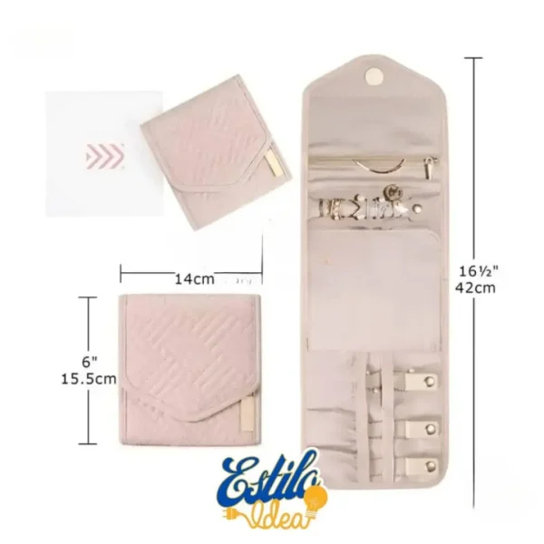 A pink quilted travel jewelry organizer is shown in four stages: closed, partially open, and fully open with compartments for earrings, necklaces, and rings. Measurements are provided: 14 cm (closed width), 15.5 cm (closed height), and 42 cm (fully open length).