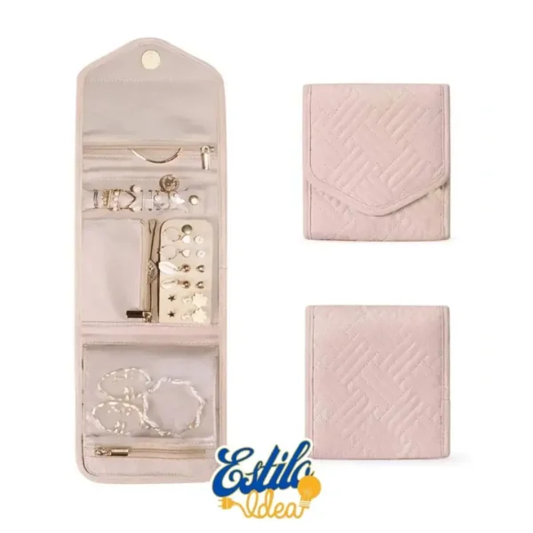 A light pink travel jewelry organizer is shown. It features a quilted exterior and multiple compartments inside for storing rings, earrings, necklaces, and bracelets. The left side displays the open organizer with visible jewelry, while the right shows it closed.