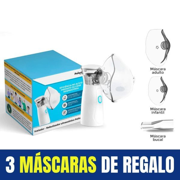 Un Inhalador nebulizador ultrasónico NiceAir® - Portátil y ultrasilencioso (TOME 2 Y AHORRE) se exhibe junto a su empaque y tres tipos diferentes de mascarillas: una para adultos, otra para niños y una boquilla, todas anunciadas como obsequios.