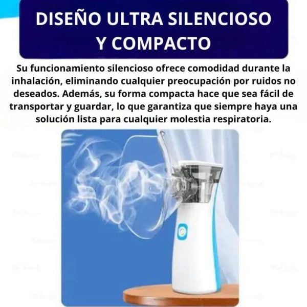 Publicidad del Inhalador nebulizador NiceAir® - Portátil y ultrasilencioso (TOME 2 Y AHORRE) emitiendo vapor. El dispositivo, principalmente blanco con detalles en azul, está representado sobre un fondo liso con texto en español resaltando sus características.