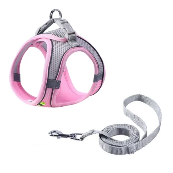 Un pequeño Arnés ajustable con guía para gatos de color rosa, con ribete gris y una correa gris a juego. El arnés tiene correas ajustables y un clip resistente para sujetar la correa. Tanto el arnés como la correa están hechos de un material de tela duradero, lo que garantiza un uso duradero.