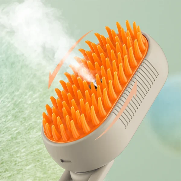 A close-up of an orange-bristled grooming tool emitting steam. The bristles are arranged in a grid pattern, and the device is gray with an ergonomically designed handle. Curved arrows illustrate the steam-circulation pattern on a light green background.