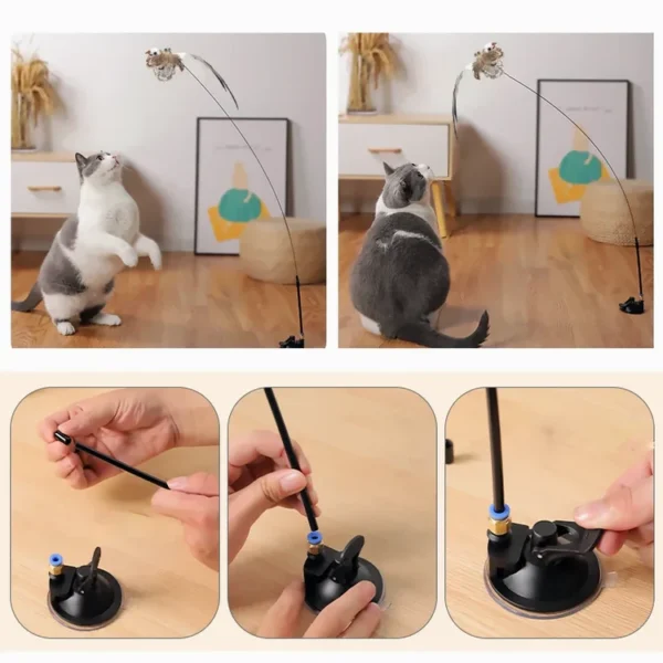 Two photos of a cat playing with a feather toy on a flexible rod. Below, three smaller images show hands assembling the toy: inserting the rod into a blue connector, attaching it to a suction cup base, and securing the toy in place. Floor and cabinet visible.