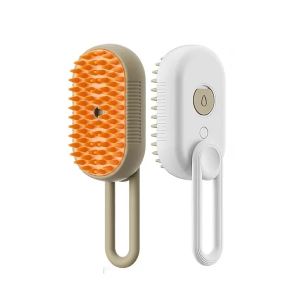 Two handheld pet grooming brushes are shown. The left brush has an orange, textured surface with a beige handle. The right brush has white bristles with a brown button and a white handle. Both have elongated handles for ease of use.