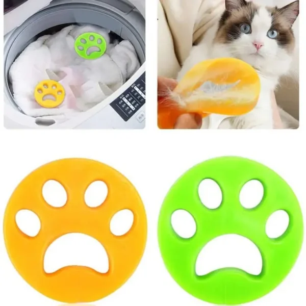 Two images: Top-left shows a pet hair remover in a washing machine with clothes. Top-right shows a cat with a person using the remover on the cat's fur. Bottom row shows close-ups of two paw-shaped pet hair removers, one orange and one green.