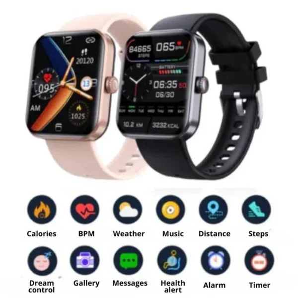 Due smartwatch con display quadrati e cinturini in silicone; uno ha la cassa in oro rosa, l'altro nera. Mostrano interfacce digitali con dati di salute e fitness. Di seguito sono riportate le icone etichettate: Calorie, BPM, Meteo, Musica, Distanza, Passi, Controllo sogno, Galleria, Messaggi, Avviso salute, Allarme, Timer.