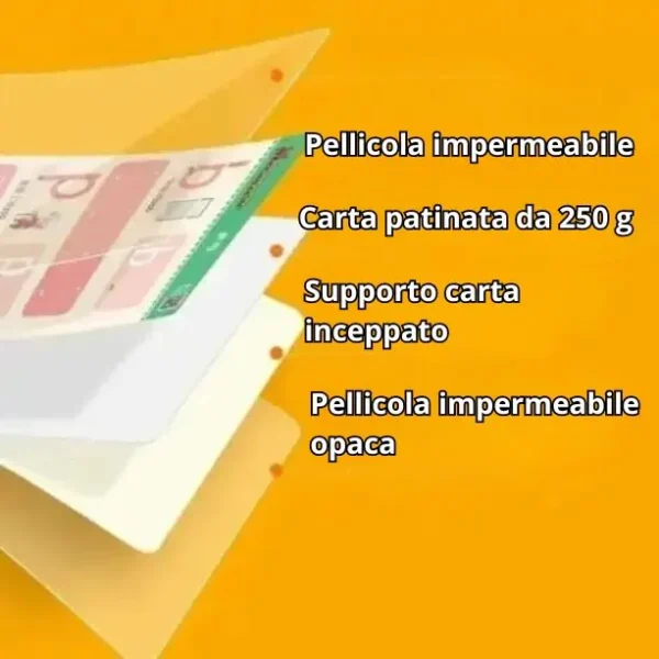 A stack of various types of papers is shown on a yellow background, ideal for a Children's tracing and drawing notebook - MagicBook. Accompanying text descriptions in Italian include: "Pellicola impermeabile" (Waterproof film), "Carta patinata da 250 g" (250 g coated paper), "Supporto carta inceppato" (Jammed paper support), and "Pellicola imperme