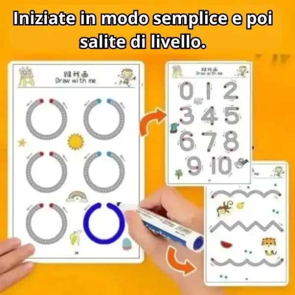 Una mano traccia con un pennarello blu un cerchio su un foglio da disegno tratto da un "Quaderno di disegno e ricalco per bambini - MagicBook". Il foglio mostra varie attività di tracciamento, inclusi cerchi, numeri e linee ondulate. Sopra, c'è un testo italiano che recita: "Iniziate in modo semplice e poi salite di livello.